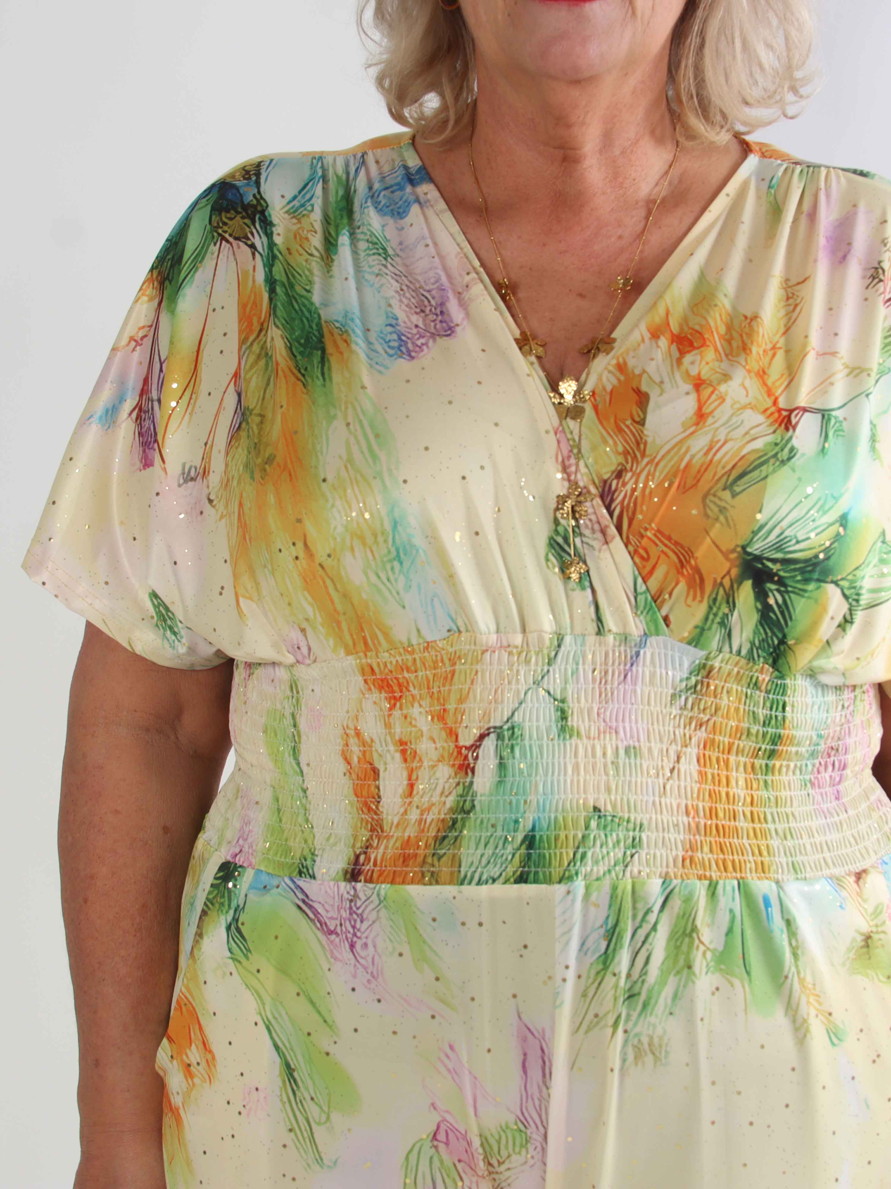 Pams Print Jumpsuit - Stretchig mönstrad plus size jumpsuit med guldfärgat damm